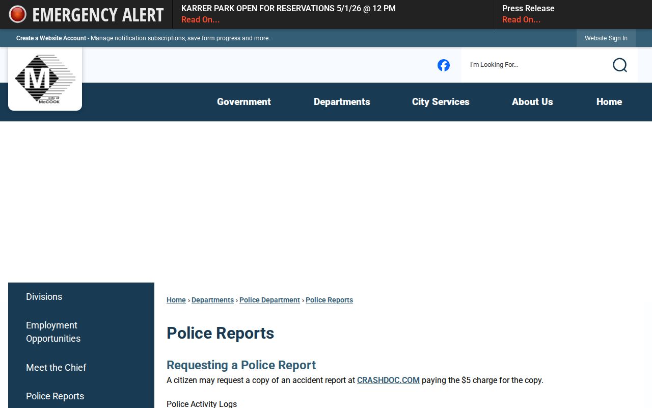 Red Willow County McCook Police Reports activity-log access page