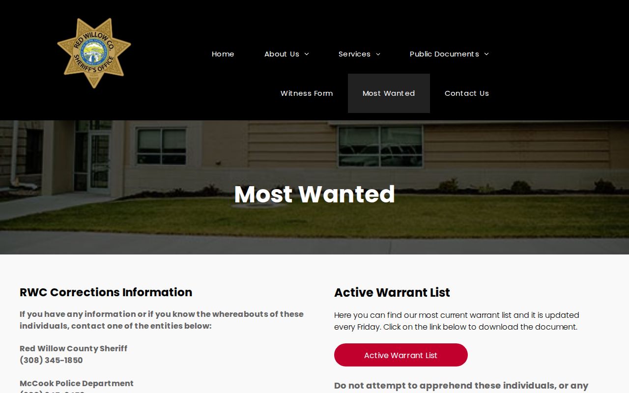 Red Willow County Sheriff Most Wanted page with Active Warrant List access